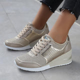 Perforiert Keilabsatz Schnürung Sneakers Grau Leopard