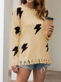 Women Lightning Print Crew Neck Ripped Fringed Long Sleeve Sweaters
