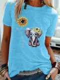 Retro Kurzarm Süße Blusen mit Sonnenblume Elefant Print