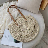 Stroh Gewebt Sommer Boho Rund Große Kapazität Schultertaschen