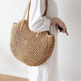 Stroh Gewebt Sommer Boho Rund Große Kapazität Schultertaschen