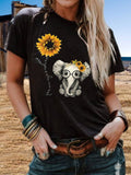 Retro Kurzarm Süße Blusen mit Sonnenblume Elefant Print