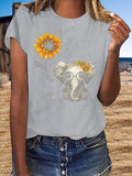 Retro Kurzarm Süße Blusen mit Sonnenblume Elefant Print