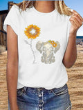 Retro Kurzarm Süße Blusen mit Sonnenblume Elefant Print